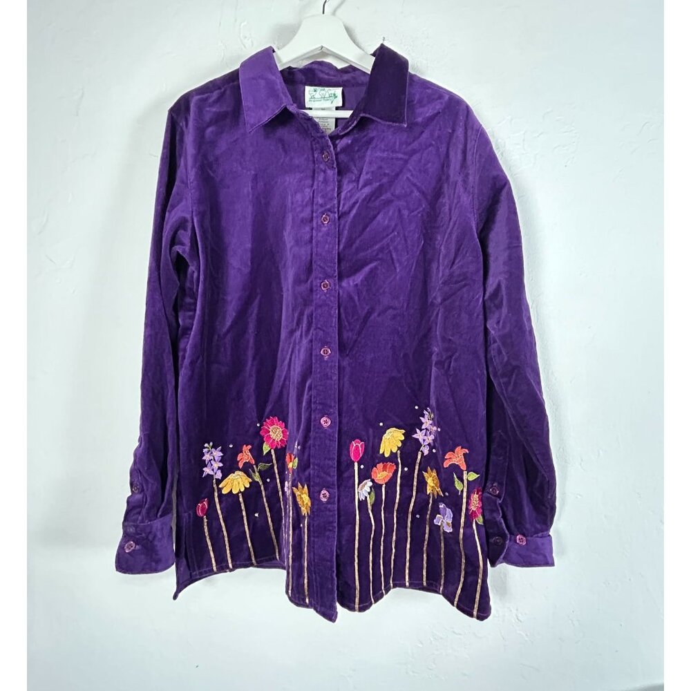 Quacker Factory Womens Purple Velvet Floral Embroidered Rhinestone Shirt Large